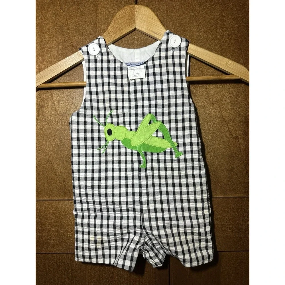 Kelly's Kids Jon Jon 12M Black White Gingham Grasshopper‎ Shortall Outfit